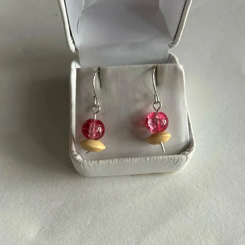 3/$20 Red and Tan Dual Crystal Beaded Silver Plated Dangling Drop Earrings